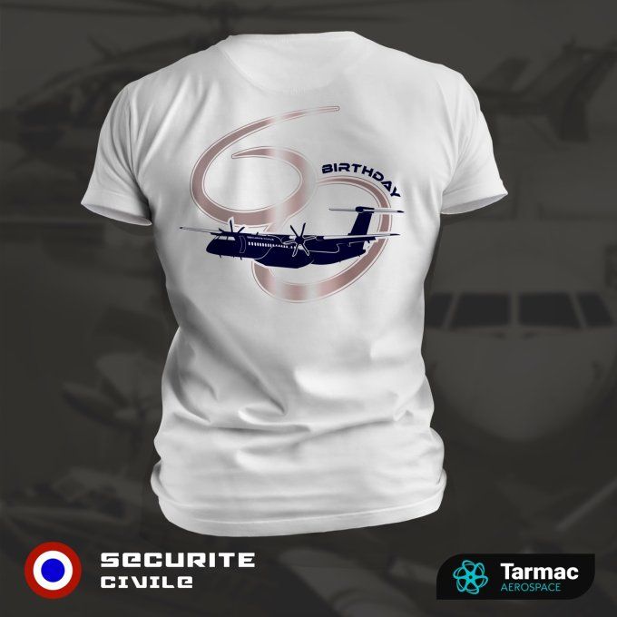 Avion Bombardier Dash 8  | 60 ans de Sécurité Civile, T-shirt blanc | Bi-Color