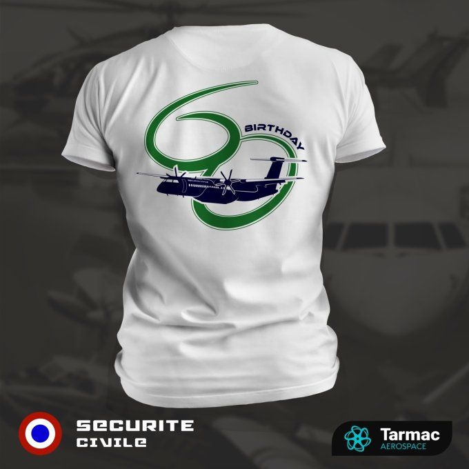 Avion Bombardier Dash 8  | 60 ans de Sécurité Civile, T-shirt blanc | Bi-Color