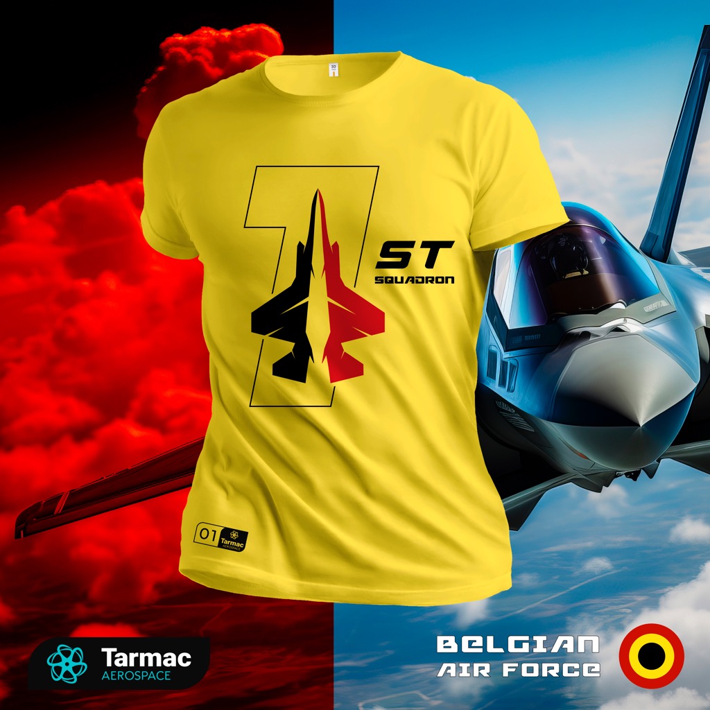 Numéroté jusqu'à 50 exemplaires, notre T-shirt F-35 rend hommage à l'arrivée historique du premier avion dans la Belgian Air Force. Style Premium, motif unique, de la marque Tarmac Aerospace. Disponible en jaune épais de 190g, avec un design noir...